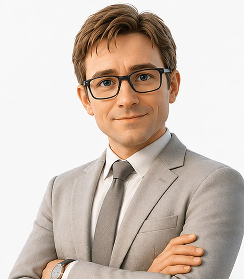 Avatar 3D de Sébastien Mourey : buste, bras croisés, lunettes et costume clair.
