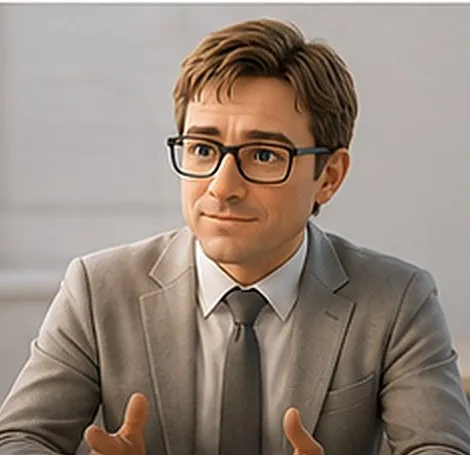 Avatar de Sébastien en réunion, mains ouvertes, en train d’exposer une décision à deux interlocuteurs.