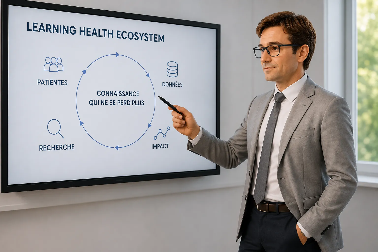 Avatar de Sébastien devant un tableau Learning Health Ecosystem : la connaissance circule entre patients, données, recherche et impact.