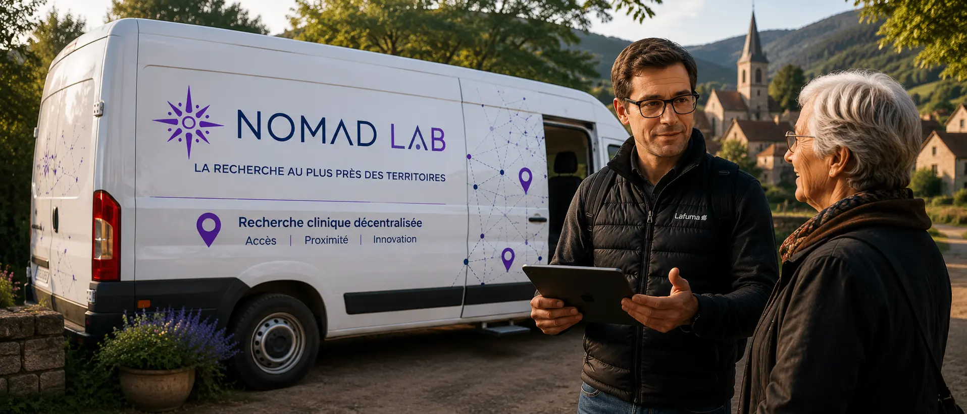 Avatar de Sébastien devant le van Nomad Lab, marqué Recherche clinique décentralisée, en discussion avec une participante sur une place de village.